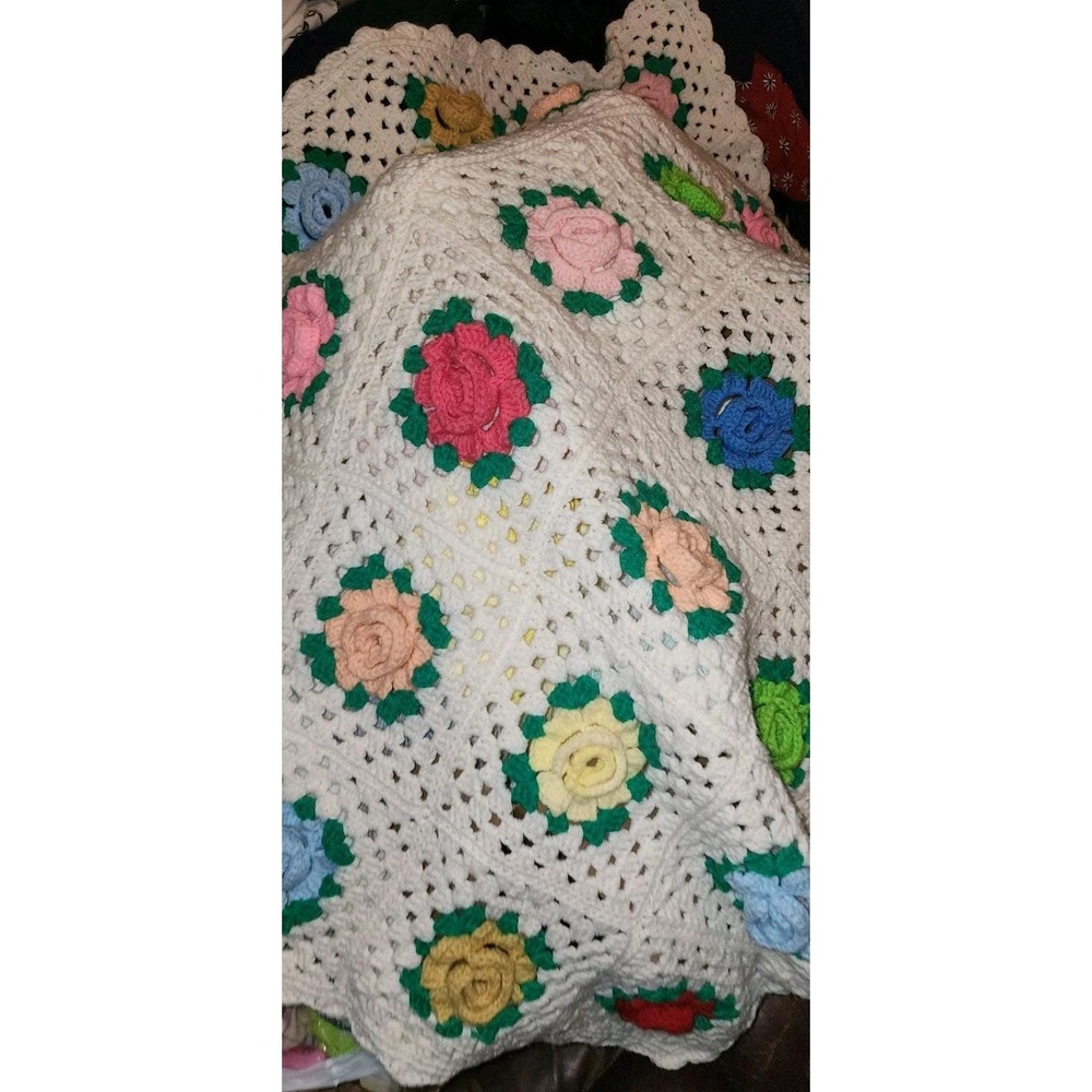 Vtg Crocheted Granny Square Afghan 3D Roses Multicolor Cottage Core 41 X 60